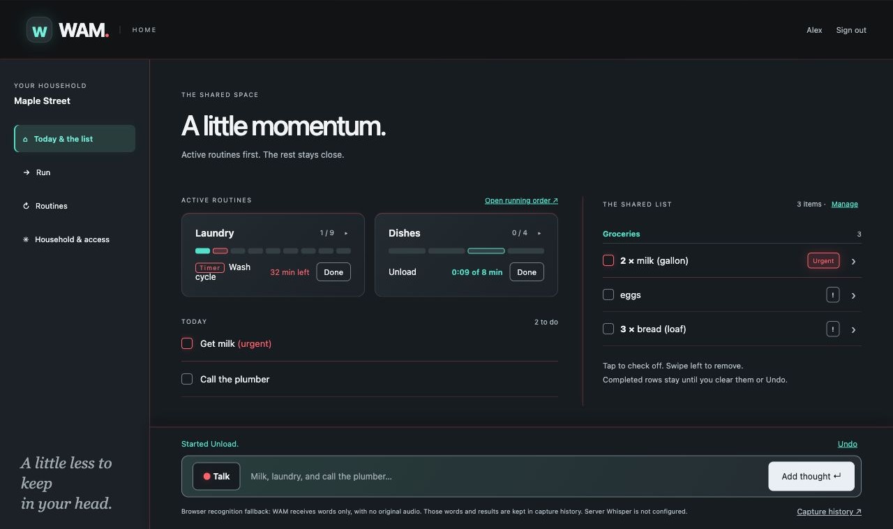WAM Home v0.45 showing Today, a started Unload step, a running wash timer, and the shared grocery list.